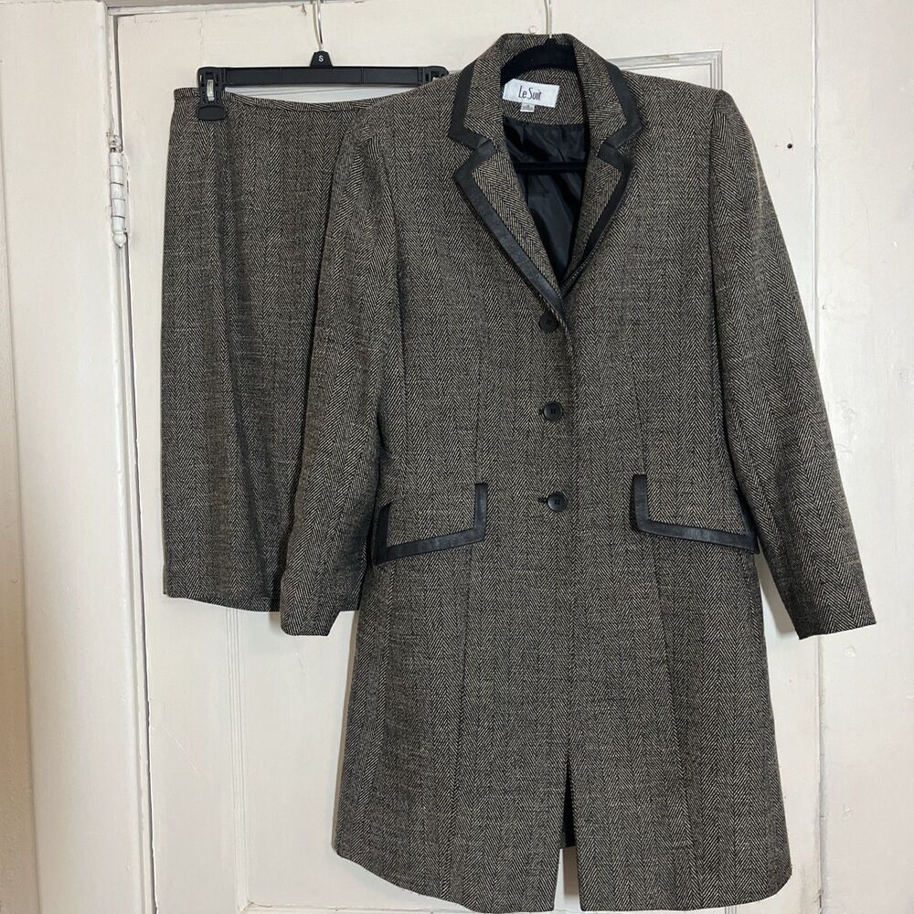 Le Suit 2 Piece Skirt Suit Women’s 6 Brown Black Herringbone Tweed Long Jacket